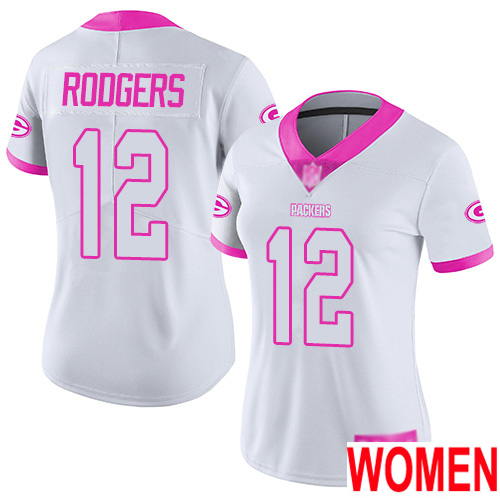 Green Bay Packers Limited White Pink Women #12 Rodgers Aaron Jersey Nike NFL Rush Fashion->women nfl jersey->Women Jersey